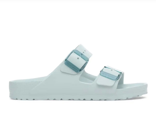 Side view of birkenstock arizona eva sandal in surf green, lightweight and waterproof with fashion buckle