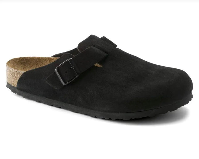 birkenstock boston black suede clogs with soft footbed and narrow fit for slim feet