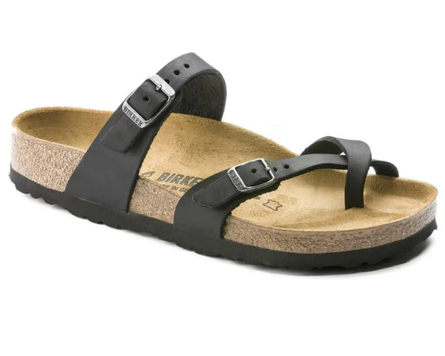 BIRKENSTOCK MAYARI BLACK sandals with toe loop and cross strap in minimalist black finish
