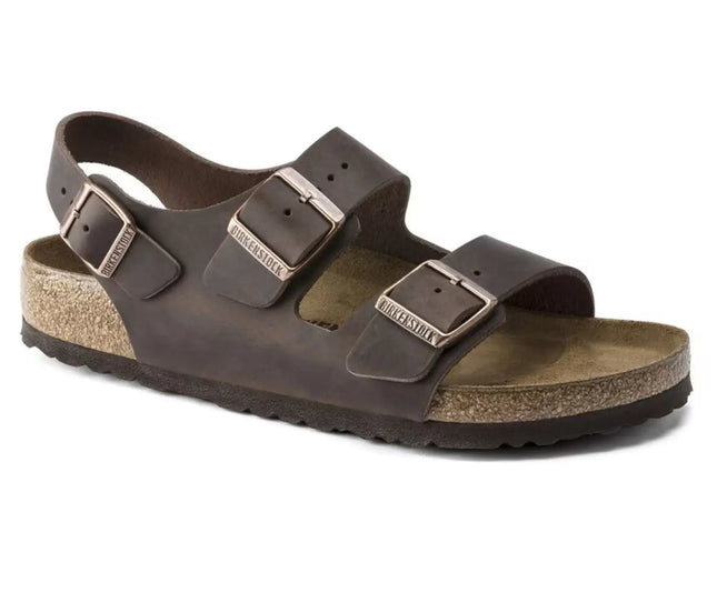 birkenstock milano oiled leather sandals with backstrap and three adjustable buckles in brown regular fit