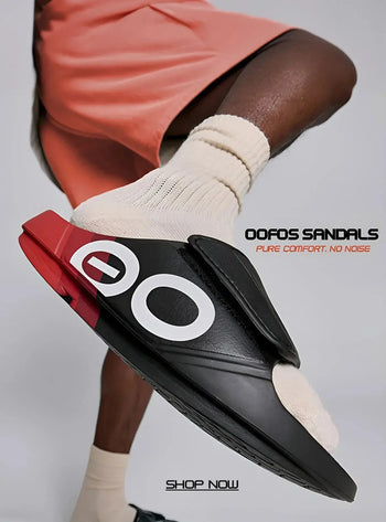 OOFOS sandals with patented recovery tech for comfort and impact relief – Fitnshoes collection.
