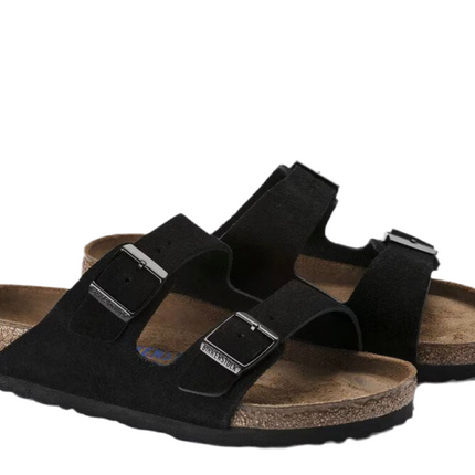 Close-up of Birkenstock Arizona taupe suede leather

