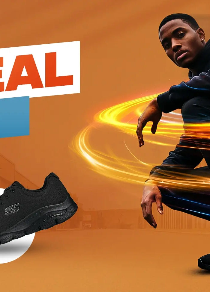 Promotional advertisement with a person in dynamic pose, black shoes, and text about a hot deal on an orange background.