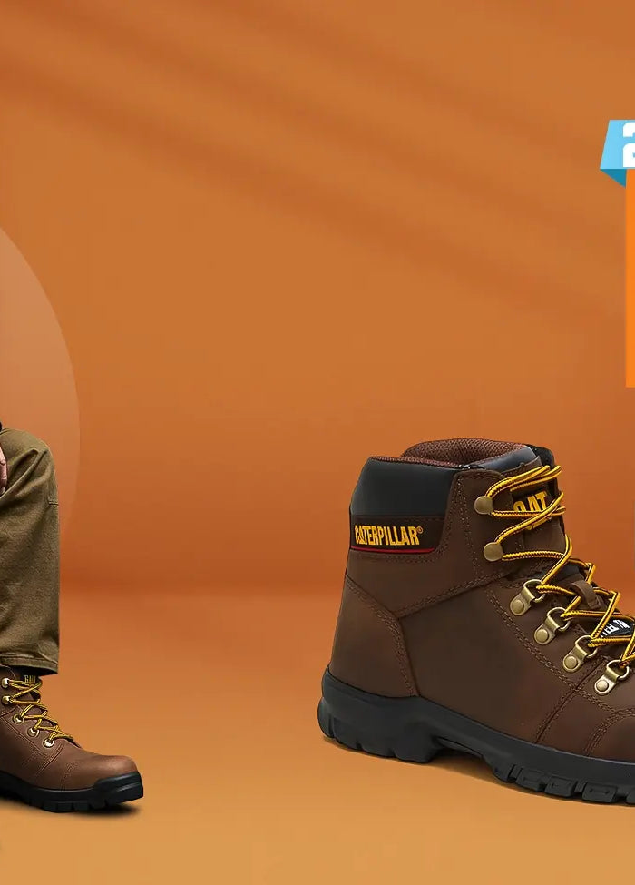 Man in military-style outfit with a boot, promotional text for a hot deal on boots, on an orange background