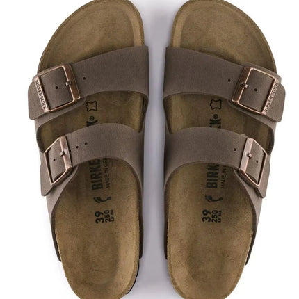top view of birkenstock vegan sandals in suede-like birkibuc material with durable sole