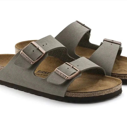 Top view of birkenstock arizona stone sandals showing double strap and metal buckles