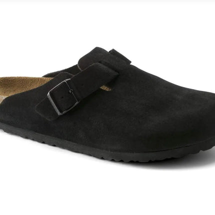 birkenstock boston black suede clogs with soft footbed and narrow fit for slim feet