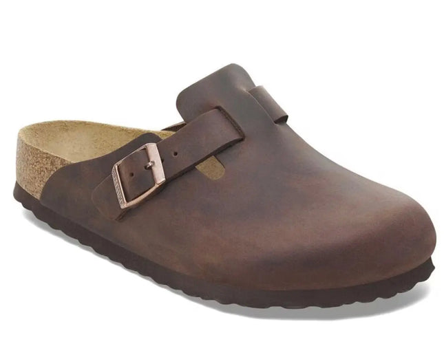 BIRKENSTOCK BOSTON BS HABANA in oiled leather with soft footbed, side view on rustic wood surface

