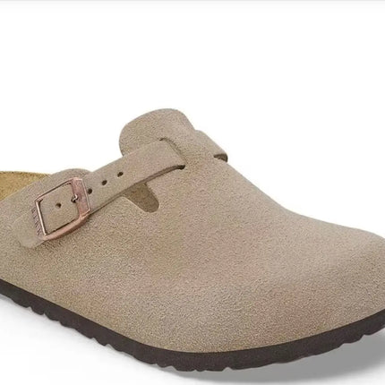 BIRKENSTOCK BOSTON BS REGULAR suede clog with soft footbed in birkenstock brown, side profile view