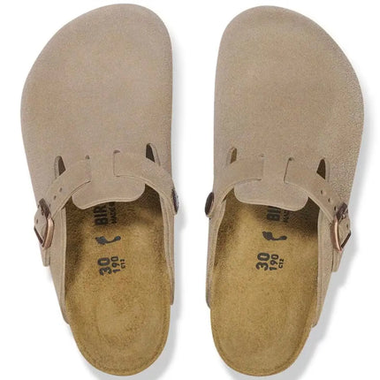 Top view of birkenstock boston regular fit clogs in classic suede with adjustable strap
