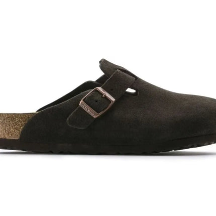birkenstock boston soft footbed suede clogs styled for everyday comfort on neutral backdrop