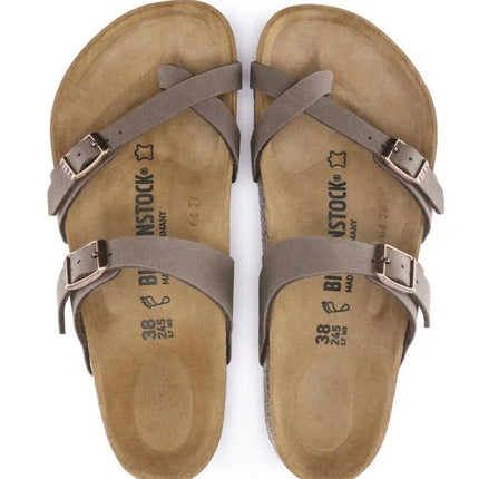 top view of birkenstock minimalist sandals in soft synthetic birkibuc upper with cork footbed

