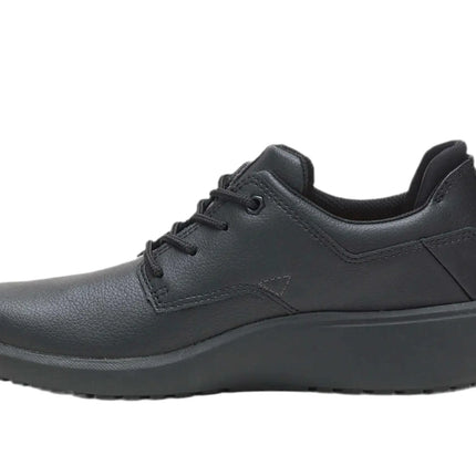 side view of caterpillar women’s work shoes in black with low-profile design and breathable upper