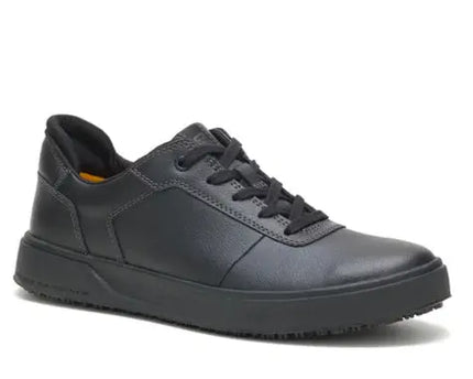 cat slip resistant work shoes for men placed on tile floor with padded collar and secure fit