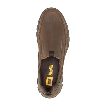 cat slip on work shoes for men shown on warehouse floor with soft toe and durable leather upper