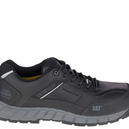 close-up of cat streamline leather steel toe shoes highlighting textured outsole grip

