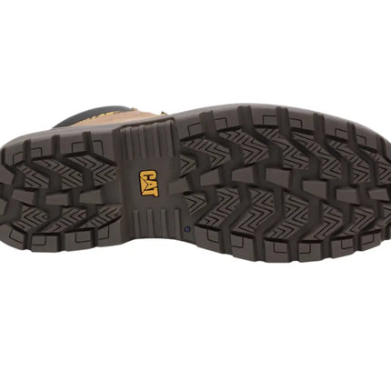 caterpillar safety boots with black and brown leather mix designed for job sites and terrain