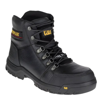 side view of cat steel toe boots featuring cushioned EVA footbed and padded collar