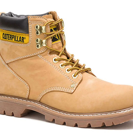 cat work boots placed on job site surface with oil-resistant tread and ankle support

