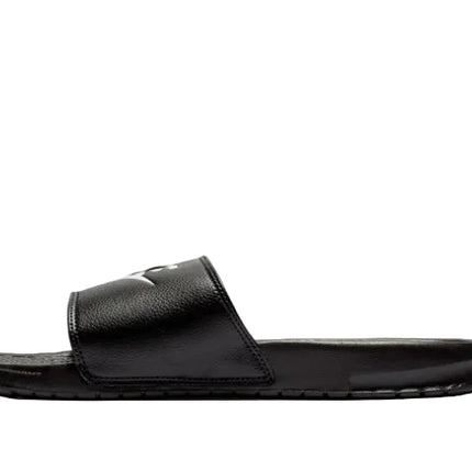 The NIKE BENASSI JDI SLIDE by NIKE features a black textured strap and flat sole, shown from the side on a white background—combining comfort and sporty style for everyday wear.