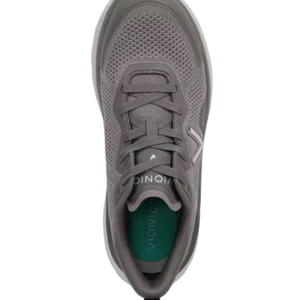 Top view of a single gray VIONIC WALK MAX KNIT – MEN’S SNEAKER with mesh fabric and laces, showing VIONIC branding on the tongue and insole, designed for exceptional arch support.
