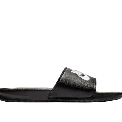 The NIKE BENASSI JDI SLIDE by NIKE is shown in black with a wide strap and white Nike logo, displayed in side profile on a white background. It features a soft foam midsole for lightweight, all-day comfort.