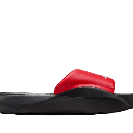 The NIKE FRANCHISE SLIDE by NIKE features a thick, contoured black foam sole and a wide red strap. Shown in side profile on a white background, these sandals offer support and style.