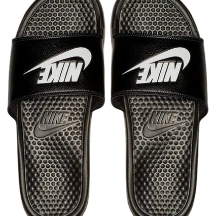 A pair of NIKE BENASSI JDI SLIDE sandals in black, featuring textured gray insoles and white Nike swoosh logos on the straps—a sporty choice for everyday comfort.