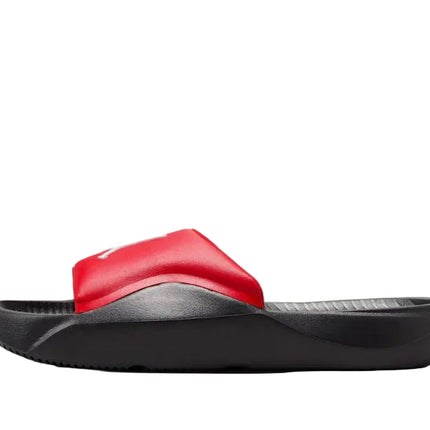 The NIKE FRANCHISE SLIDE features a thick, bright red strap over a textured gray footbed and black base for a secure fit. Shown in profile on a white background. Brand: NIKE.