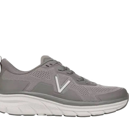 The VIONIC WALK MAX KNIT Men’s Sneakers feature a gray mesh upper, white sole, white V logo, arch support, and lace-up design by VIONIC—ideal comfortable knit sneakers for daily wear.