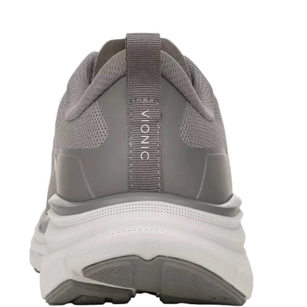 Rear view of the VIONIC WALK MAX KNIT – MEN’S SNEAKERS: gray mesh upper, white sole, heel pull tab, and "VIONIC" printed vertically—crafted for comfort and arch support.