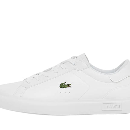 side view of lacoste men's powercourt black sneakers on concrete surface