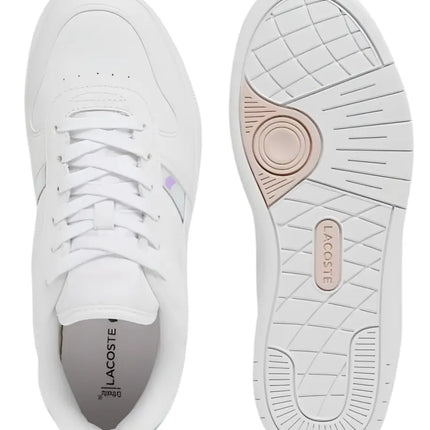 t clip lacoste retro sneaker profile in white and navy colorway with padded heel tab
